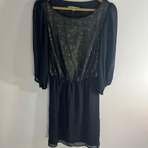 Gianni Bini Party Cocktail Black Mini Dress w Sheer Sleeves Sequined Front Sz S